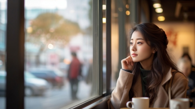 飲食店で佇む女性